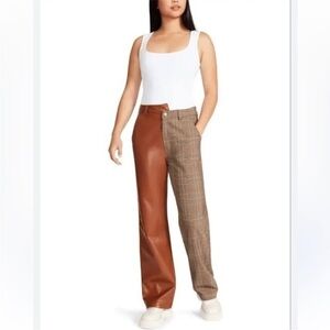 New Steve Madden Beige Faux Leather & Plaid Highrise Asymmetrical Highrise Pants